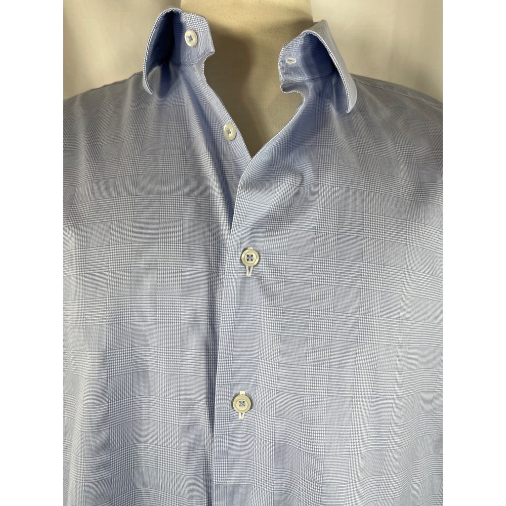 David Donahue Dress Shirt‎ 17 34/35 Lt Blue Houndstooth 100% Cotton Business